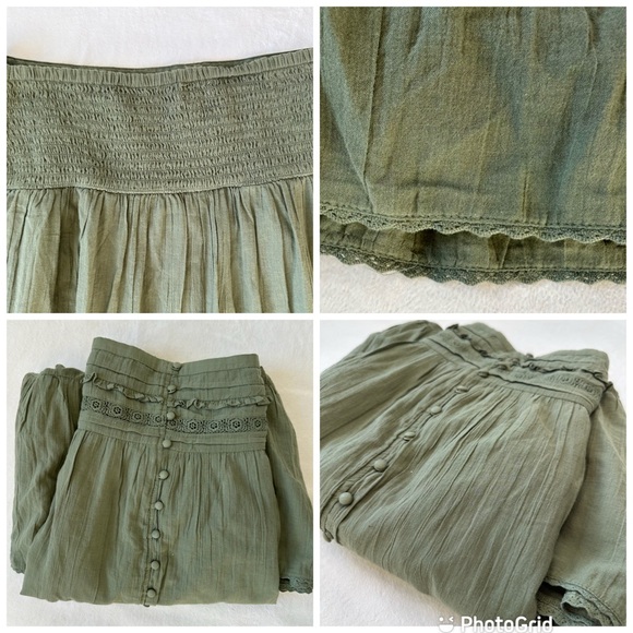 Aerie NWT Green Cotton Gauzy Tiered Skirt Smocked Waist Long Front Slit, size L - Picture 16 of 16